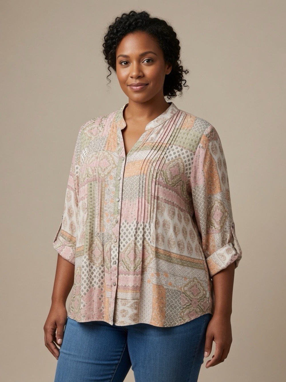 Ruby Rd. Plus Size 2X Boho Patchwork Blouse 3/4 Sleeve Flowy Button-Down